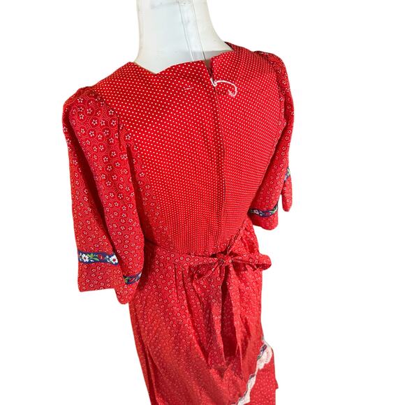 Vintage 70s Prairie Cottagecore Maxi Dress Red Embroidered Women's sz S Handmade - Picture 5 of 11